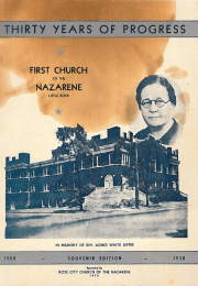 Cover page of Thirty Year of Progress, Image of First Church and portrait of Agnes White Diffee