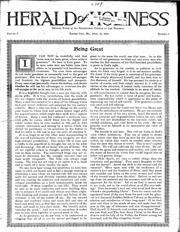 Title Page of Herald of Holiness - April 15, 1914