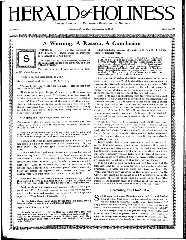 Title Page of Herald of Holiness - December 8, 1915