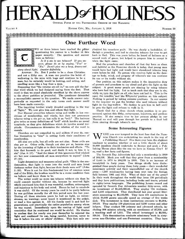Title Page of Herald of Holiness - January 5, 1916