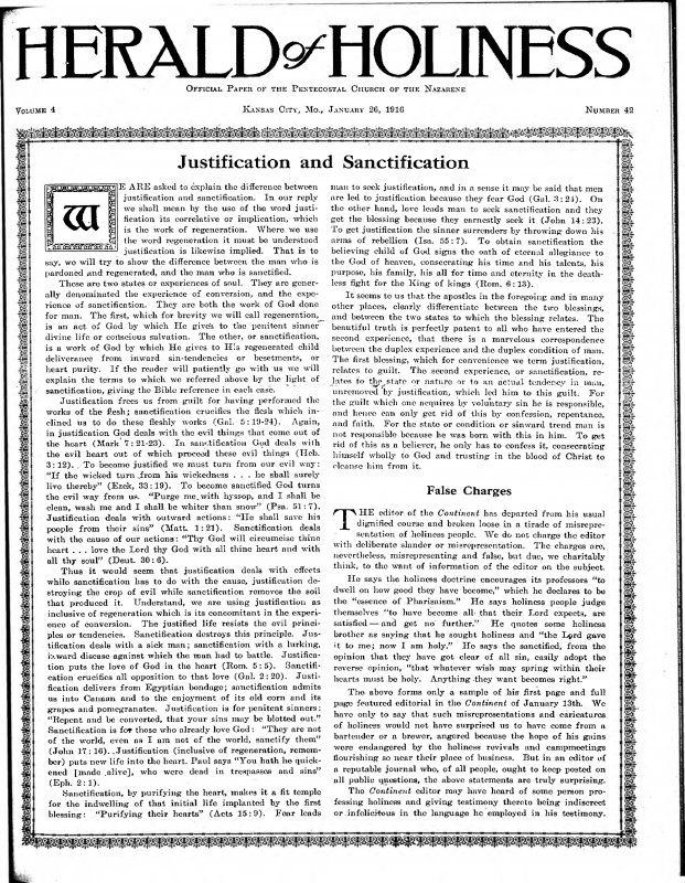 Title Page of Herald of Holiness - January 26, 1916