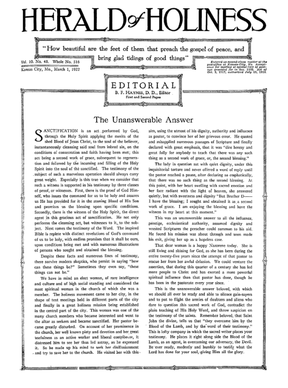 Front page of Herald of Holiness - March 1, 1922