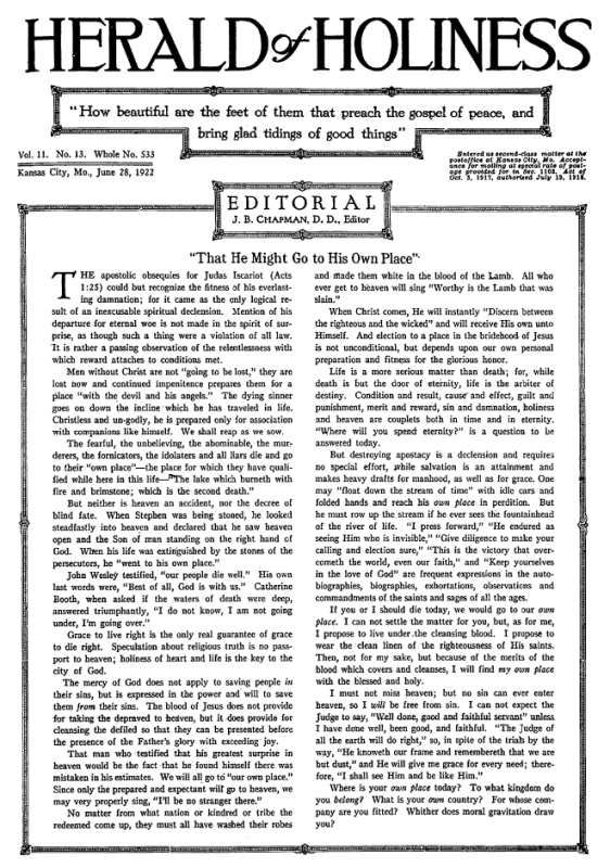 Front page of Herald of Holiness - June 28, 1922