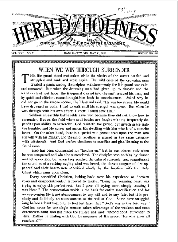 Front page of Herald of Holiness - May 11, 1927